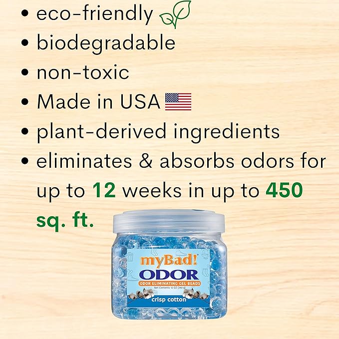 Odor Eliminator Essential Oil Gel Beads 12 oz - Air Freshener - Eliminates Smells in Bathroom, Pet Area, Closets, RVs, Pet Areas (Crisp Cotton, 2 Pack)