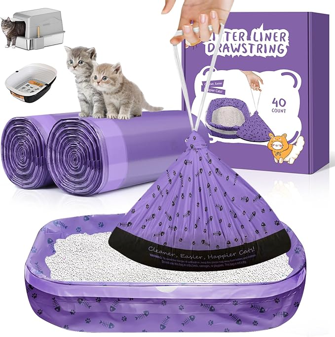 40 Count Cat Litter Box Liners Bags Large, Extra Durable Kitty Litter Box Waste Bags, Jumbo Drawstring Extra Thick Pet Cat Pan Liners - 36" x 18"