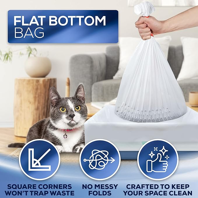 Self Sifting Kitty Litter Box Liners, Set of 7 - Flat Base Disposable Cat Waste Tray Bags for Pet Poop - XL Design for Large Trays - With Inbuilt Drawstring Handles - Liner Fits the Corner of the Pan