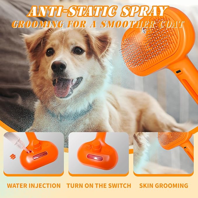 Self-Cleaning Spray Cat Brush for Shedding, Removes Static Flying Hair, and Works Wonders for Both Long and Short-Haired Pets 2 In 1 Cleaning Brush for Cats And Dogs Grooming (Orange)