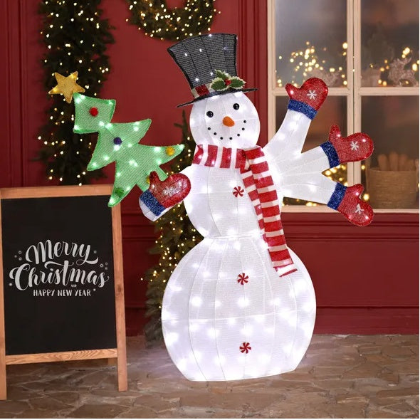 Lighted Snowman Christmas Yard Decorations, Pre-lit 2D Snowman Waving Hands With 170 LED Warm White Lights And Stakes For Xmas Outdoor Holiday Indoor Decor Lighted Holiday Displays