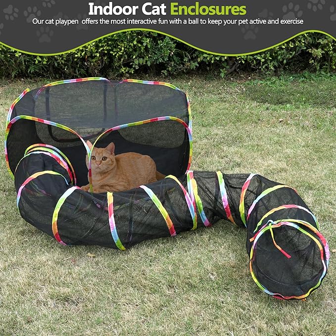 Outdoor Cat Enclosures Playground with Cat Toy Ball, Portable cat Tent for Indoor Cat Playpen Enclosed with Bag Storage, Cat Outdoor Enclosure Cat Tunnel Suitable for Small Animals