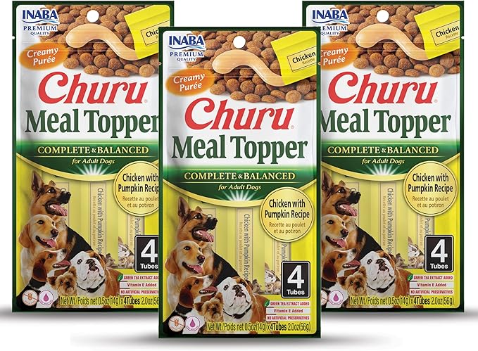 INABA Churu Meal Topper for Dogs, Complete & Balanced, Creamy, Lickable Purée Dog Food Toppers, 1.69 Ounce Tube, 9 Tubes (3 per Pack), Chicken with Pumpkin Recipe
