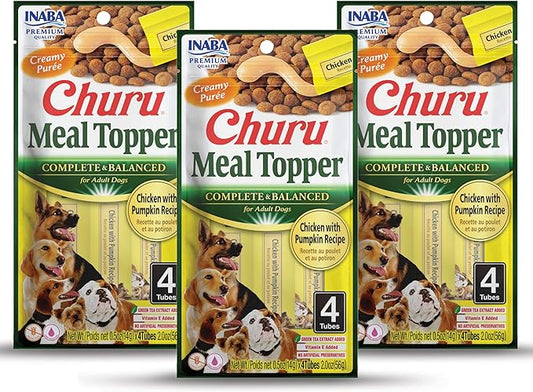 INABA Churu Meal Topper for Dogs, Complete & Balanced, Creamy, Lickable Purée Dog Food Toppers, 1.69 Ounce Tube, 9 Tubes (3 per Pack), Chicken with Pumpkin Recipe