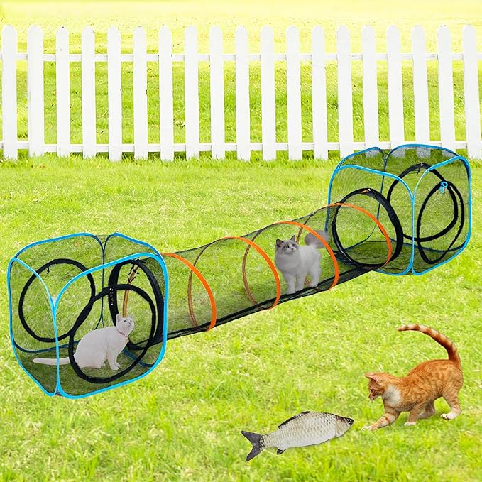 Cat Play Tunnel + Cube(with Three Ways) for Indoor and Outdoor, Cat Play House, Cat Enclosures, Collapsible Cat Cube, Tunnel, Cat Toys Easy to Connect with Cat Tent(2 Cubes + Run Tunnel)