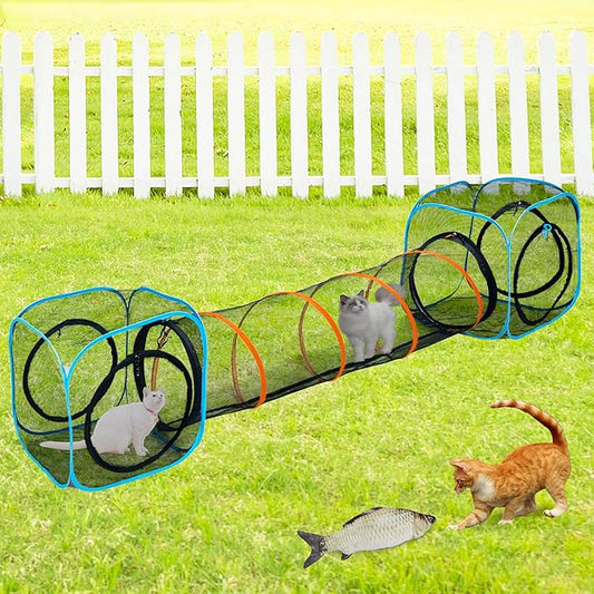 Cat Play Tunnel + Cube(with Three Ways) for Indoor and Outdoor, Cat Play House, Cat Enclosures, Collapsible Cat Cube, Tunnel, Cat Toys Easy to Connect with Cat Tent(2 Cubes + Run Tunnel)