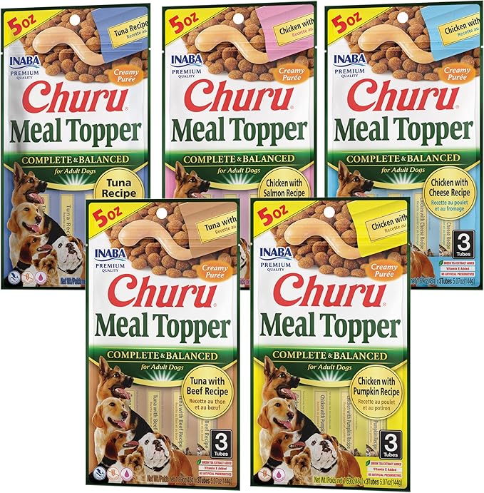 INABA Churu Meal Topper for Dogs, Complete & Balanced, Creamy, Lickable Purée Dog Food Toppers, 1.69 Ounce Tube, 15 Tubes (3 per Pack), 5 Flavor Variety Pack