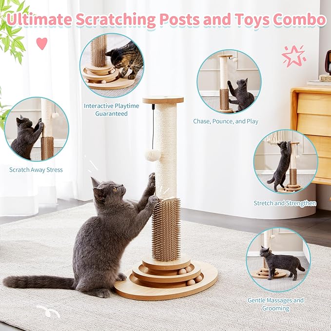 Made4Pets 23" Tall Sisal Cat Scratcher Post with Self Groomer, 4-in-1 Interactive Trackball Toys, Vertical Climbing Tree with Dangling Balls