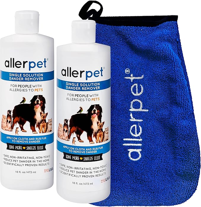 Allerpet Single Solution 16 fl oz Bottle Dander Remover for Pets (2 Pack) - Relieves Allergies - Bonus Mitt to Easily Apply Solution to Your Pet