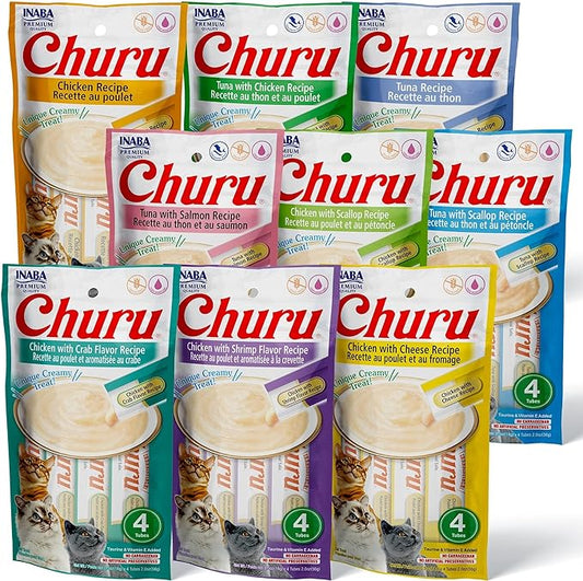 INABA Churu Cat Treats, Grain-Free, Lickable, Squeezable Creamy Purée Cat Treat/Topper with Vitamin E & Taurine, 0.5 Ounces Each Tube, 36 Tubes (4 per Pack), 9 Flavor Variety