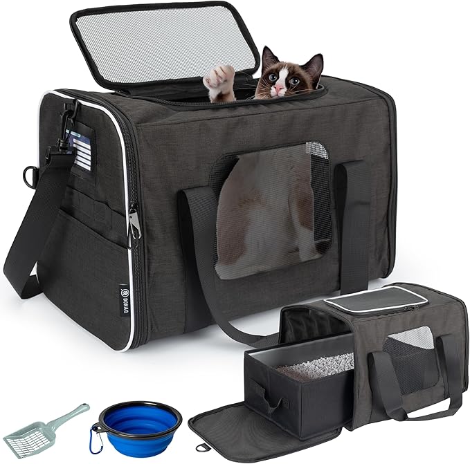 Airline-Approved Cat Carrier with Litter Box, 17x11x12β Soft Travel Litterbox up to 18 lbs Cats, Large Portable Carrier for Long Car Trips, Comes with Litter Scoop, Water Bowl, Pet ID & Cat Toy