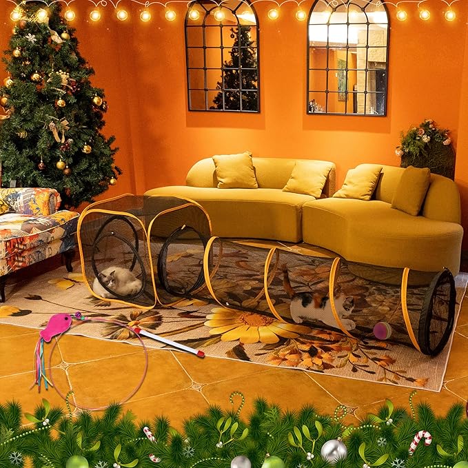 Cat Play Tunnel + Cube(with Three Ways) for Indoor and Outdoor, Cat Play House, Cat Enclosures, Collapsible Cat Cube, Tunnel, Cat Toys Easy to Connect with Cat Tent