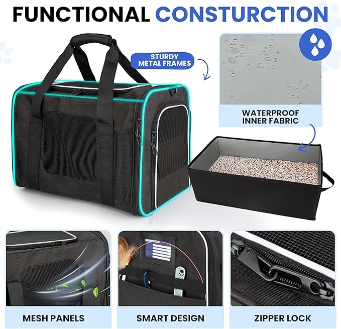 Airline-Approved Cat Carrier with Litter Box, 17x11x12β Soft Travel Litterbox up to 18 lbs Cats, Large Portable Carrier for Long Car Trips, Comes with Litter Scoop, Water Bowl, Pet ID & Cat Toy