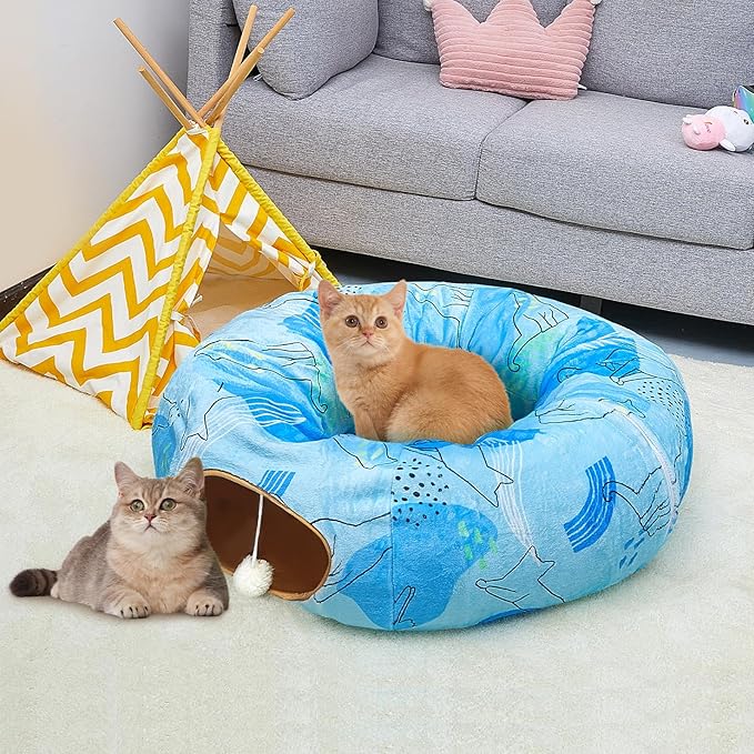 Cat Tunnel Bed, Cat Tunnels Cat Toys for Indoor Cats S-Shape Cat Tube and Cat Donut Tunnel Cave Large Cat Toys Interactive Cat Stuff Supplies