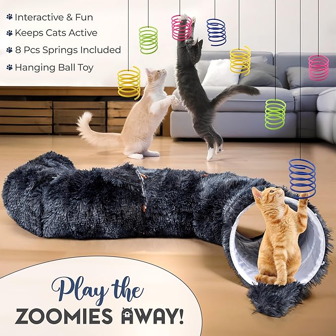 Cat Tunnel Bed with 8 Cat Spring Toys - Furry Cat Tunnel Bed, Kitty Ears Design, Large Cat Donut Tunnel, Cat Bed for Indoor Cats, Cat Tunnel Cave - Great Indoor cat Toy
