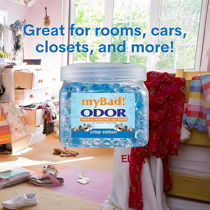 Odor Eliminator Essential Oil Gel Beads 12 oz - Air Freshener - Eliminates Smells in Bathroom, Pet Area, Closets, RVs, Pet Areas (Crisp Cotton, 2 Pack)