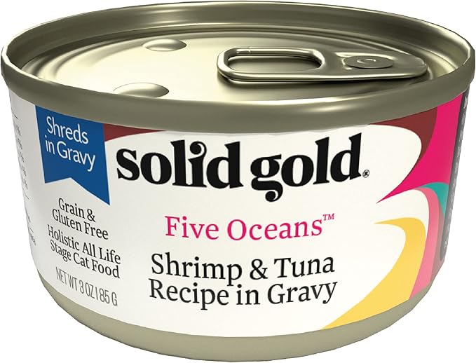 Solid Gold Wet Cat Food Shreds in Gravy - Canned Cat Food Made w/Real Tuna & Shrimp - Five Oceans Grain Free 24ct/3oz Can