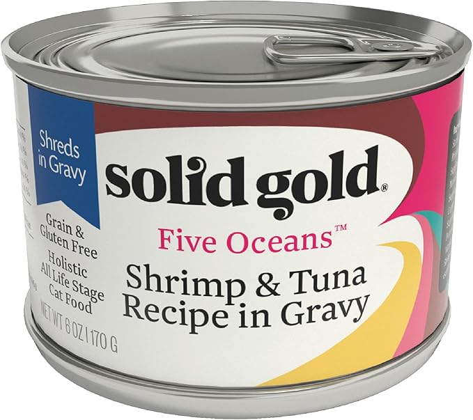 Solid Gold Wet Cat Food Shreds in Gravy - Canned Cat Food Made w/Real Tuna & Shrimp - Five Oceans Grain Free 16ct/6oz Can