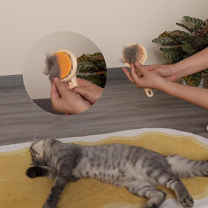 Cat Brush With Release Button Self Cleaning Cat Hair Brush Flea Comb Cat Brush For Shedding Indoor Cat Long Haired Short Haired Dog Grooming Supply Cat Essential Hangable UFO Shape (Green)