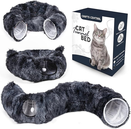 Cat Tunnel Bed with 8 Cat Spring Toys - Furry Cat Tunnel Bed, Kitty Ears Design, Large Cat Donut Tunnel, Cat Bed for Indoor Cats, Cat Tunnel Cave - Great Indoor cat Toy