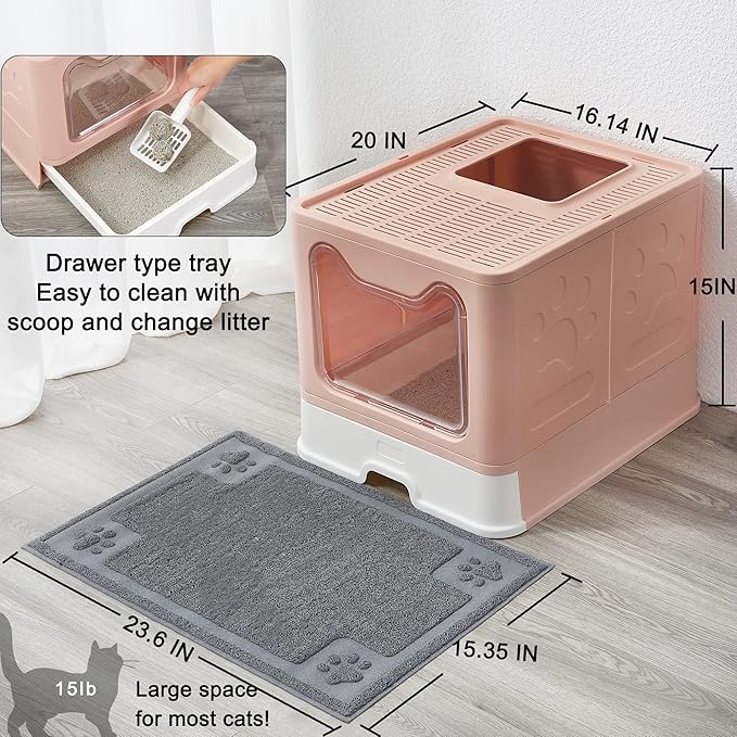 Suhaco Cat Litter Box with Lid Large Foldable Front Entry Top Exit Kitty Litter Box with Cat Litter Mat, Covered Kitten Litter Tray for Indoor Cats with Litter Scoop & Cleaning Brush Easy Clean (Pink)