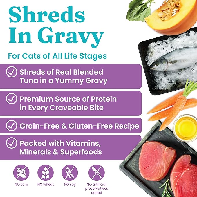 Solid Gold Wet Cat Food Shreds in Gravy - Canned Cat Food Made w/Real Tuna - Five Oceans Grain Free - 24ct/3oz Can