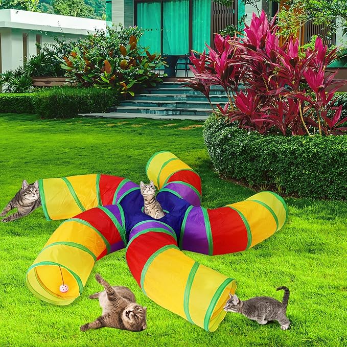 Bemodst Cat Tunnel for Indoor Cats, 2 Way/3 Way/4 Way/5 Way Cat Tubes and Tunnels Collapsible S-Shape Small Animal Tubes Kitty Tunnels Interactive Maze Cat Toy for Kitten Rabbit (Colored 5-Way)