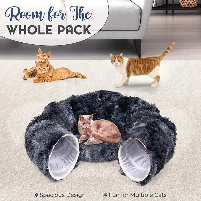 Cat Tunnel Bed with 8 Cat Spring Toys - Furry Cat Tunnel Bed, Kitty Ears Design, Large Cat Donut Tunnel, Cat Bed for Indoor Cats, Cat Tunnel Cave - Great Indoor cat Toy