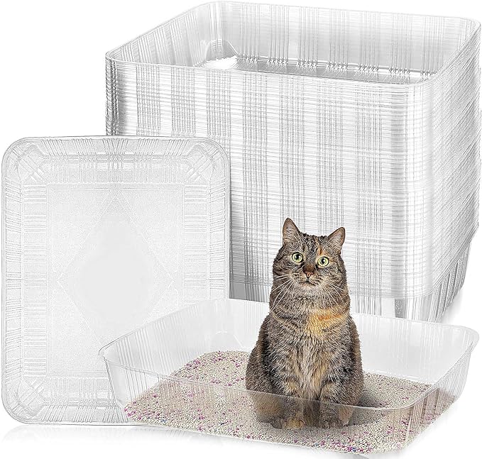 Zubebe 50 Pack Disposable Cat Litter Box for Cats, Large Disposable Kitty Litter Tray Box 19.69 x 15.75 x 3.94 inches Plastic Litter Box Pan Standard for Indoor Home Travel Portable(Clear)