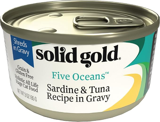 Solid Gold Wet Cat Food Shreds in Gravy - Canned Cat Food Made w/Real Tuna & Sardine - Five Oceans Grain Free 24ct/3oz Can