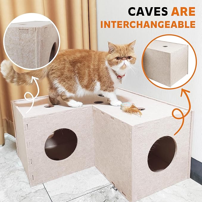Cat Tunnel, L-Shape Cat Hideaway, Cat Tunnels for Indoor Cats, Grey Soft Felt Cat Toy, Pet Cat Play Tunnel with Interactive Peek Hole
