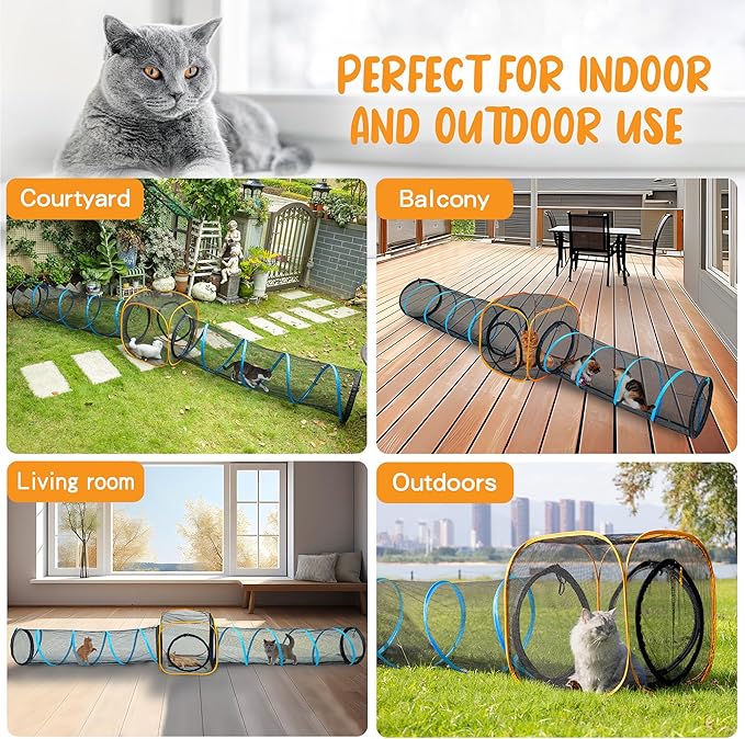 Cat Play Tunnel + Cube(with Three Ways) for Indoor and Outdoor, Cat Play House, Cat Enclosures, Collapsible Cat Cube, Tunnel, Cat Toys Easy to Connect with Cat Tent(2 Tunnels + Cube )