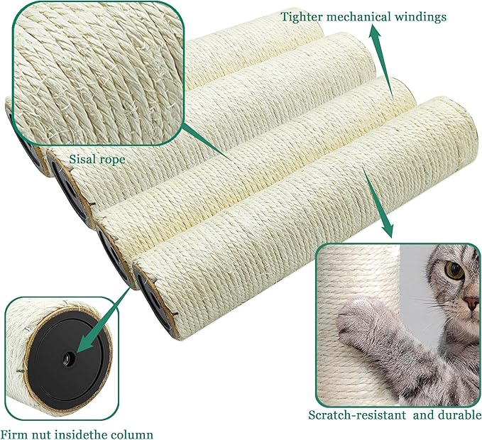 Cat Scratching Post Replacement Pole,4 PCS 11.81in Cat Tree Replacement Post,Natural Sisal Cat Tree Replacement Parts with M8 Screws,Cat Scratch Post Replacement for Refurbishment