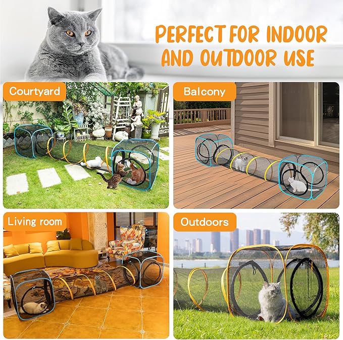 Cat Play Tunnel + Cube(with Three Ways) for Indoor and Outdoor, Cat Play House, Cat Enclosures, Collapsible Cat Cube, Tunnel, Cat Toys Easy to Connect with Cat Tent(2 Cubes + Run Tunnel)