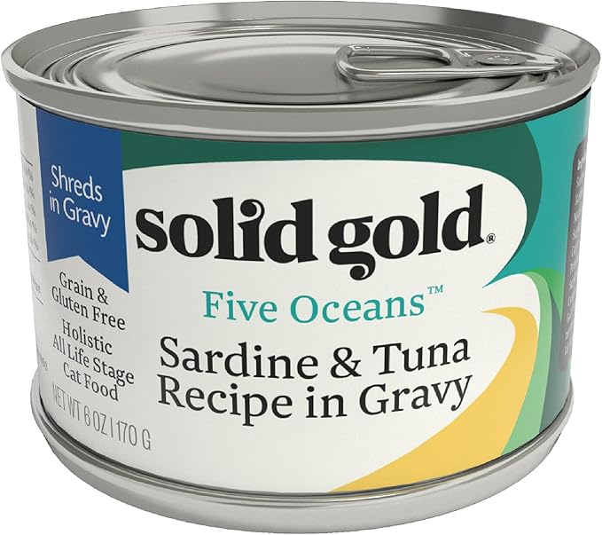 Solid Gold Wet Cat Food Shreds in Gravy - Canned Cat Food Made w/Real Tuna & Sardine - Five Oceans Grain Free 16ct/6oz Can