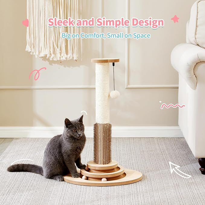 Made4Pets 23" Tall Sisal Cat Scratcher Post with Self Groomer, 4-in-1 Interactive Trackball Toys, Vertical Climbing Tree with Dangling Balls