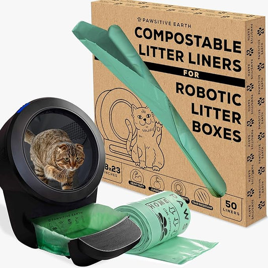 Cat Litter Box Liner 100% Compostable - Drawstring Close - Jumbo Size 36" x 19" - Tear & Leak Resistant - OK Compost Home Certified (Pack of 50)