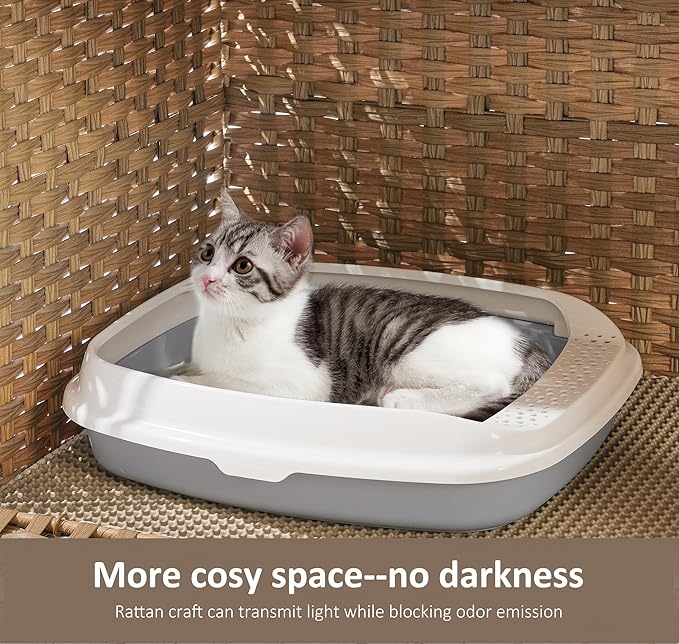 Cat Litter Box Enclosure with Soft Litter Mat; Hidden Cat Washroom Furniture with Door; Handwoven Rattan Cat House with Large Space; Pet Crate for Living Room, Bedroom, Balcony (Natural)