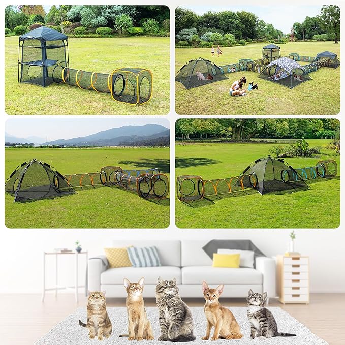 Cat Play Tunnel + Cube(with Three Ways) for Indoor and Outdoor, Cat Play House, Cat Enclosures, Collapsible Cat Cube, Tunnel, Cat Toys Easy to Connect with Cat Tent(2 Tunnels + Cube )