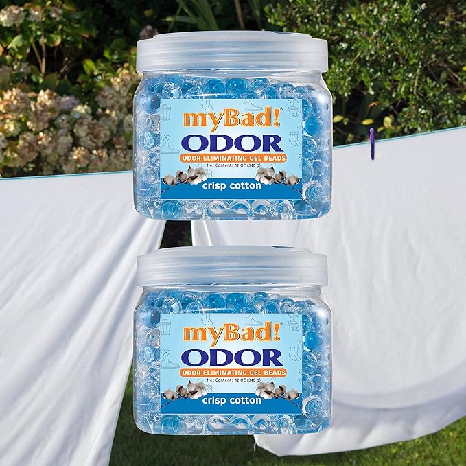Odor Eliminator Essential Oil Gel Beads 12 oz - Air Freshener - Eliminates Smells in Bathroom, Pet Area, Closets, RVs, Pet Areas (Crisp Cotton, 2 Pack)
