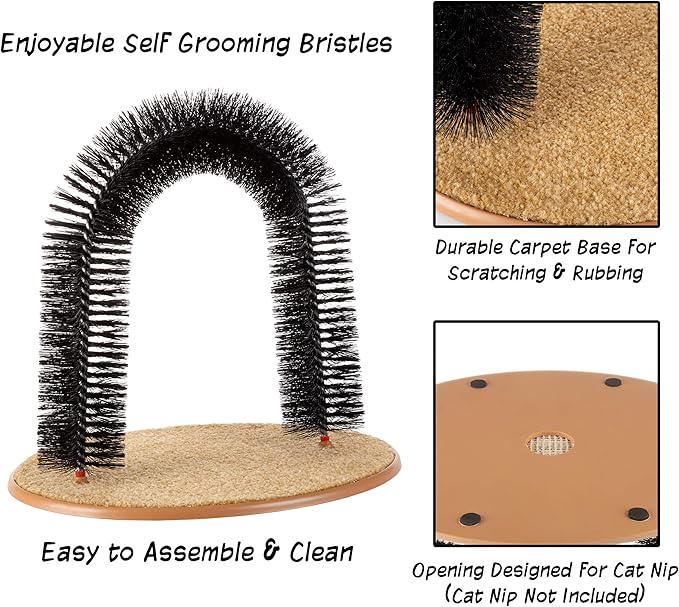 Cat Self-Groomer - Bristle Ring Brush Cat Arch with Carpeted Base, Back Scratcher and Massager for Controlling Shedding and Claws by PETMAKER (Black)