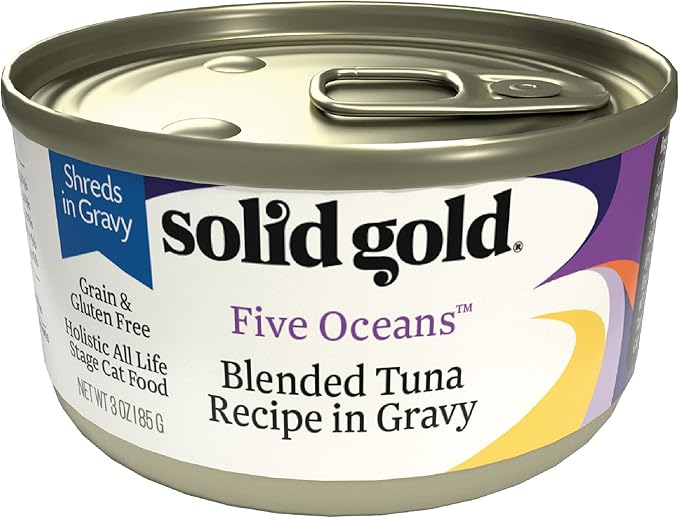 Solid Gold Wet Cat Food Shreds in Gravy - Canned Cat Food Made w/Real Tuna - Five Oceans Grain Free - 24ct/3oz Can