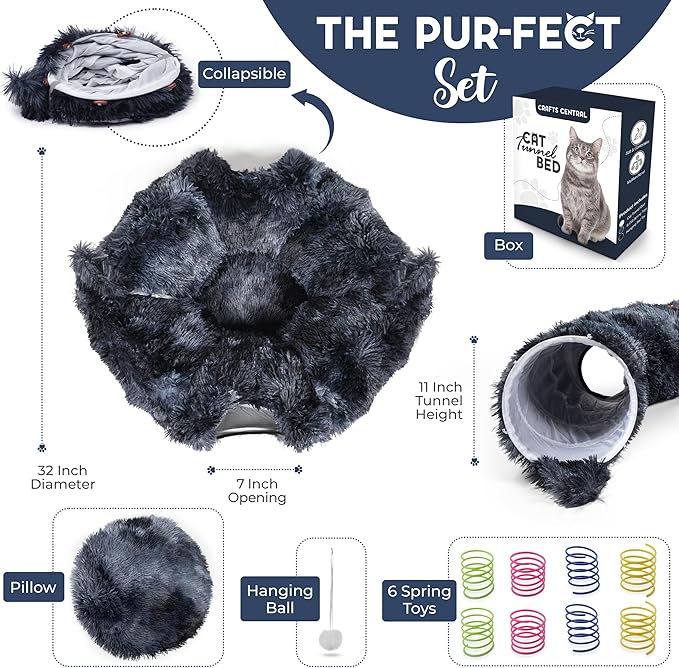 Cat Tunnel Bed with 8 Cat Spring Toys - Furry Cat Tunnel Bed, Kitty Ears Design, Large Cat Donut Tunnel, Cat Bed for Indoor Cats, Cat Tunnel Cave - Great Indoor cat Toy