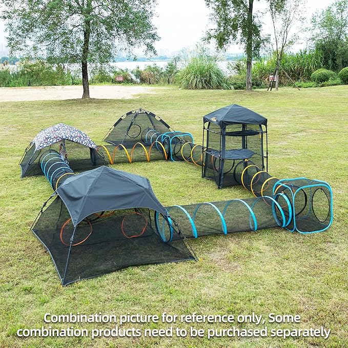 Cat Play Tunnel + Cube(with Three Ways) for Indoor and Outdoor, Cat Play House, Cat Enclosures, Collapsible Cat Cube, Tunnel, Cat Toys Easy to Connect with Cat Tent(2 Cubes + Run Tunnel)