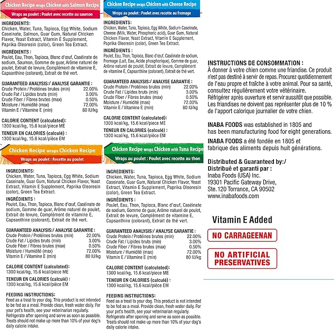 INABA Churu Bites for Dogs, Grain-Free, Soft/Chewy Baked Chicken Wrapped Churu Filled Dog Treats, 0.42 Ounces Each Tube | 32 Tubes Total (8 Tubes per Pack), 4 Flavor Variety Pack