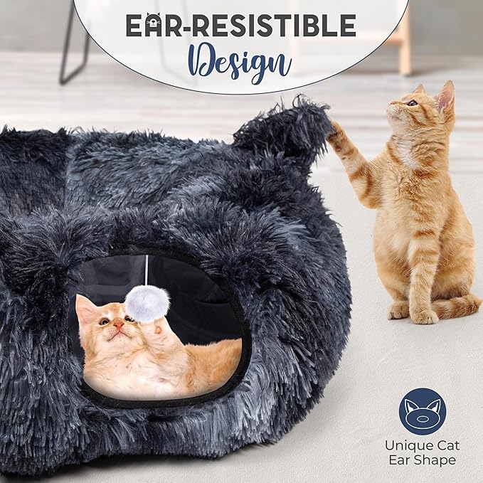 Cat Tunnel Bed with 8 Cat Spring Toys - Furry Cat Tunnel Bed, Kitty Ears Design, Large Cat Donut Tunnel, Cat Bed for Indoor Cats, Cat Tunnel Cave - Great Indoor cat Toy