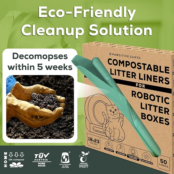 Cat Litter Box Liner 100% Compostable - Drawstring Close - Jumbo Size 36" x 19" - Tear & Leak Resistant - OK Compost Home Certified (Pack of 50)