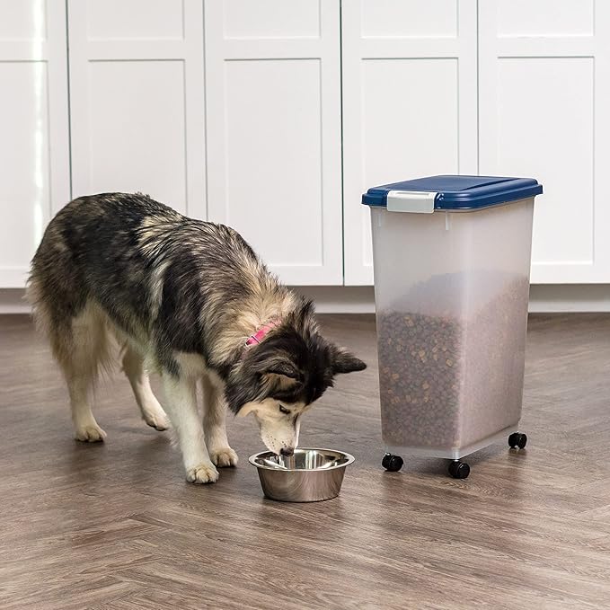 IRIS USA Airtight Dog Food Storage Container, Up to 38 lbs, Attachable Wheels, For Dog Cat Bird and Other Pet Food Storage Bin, Keep Fresh, Translucent Body, Easy Mobility, Navy