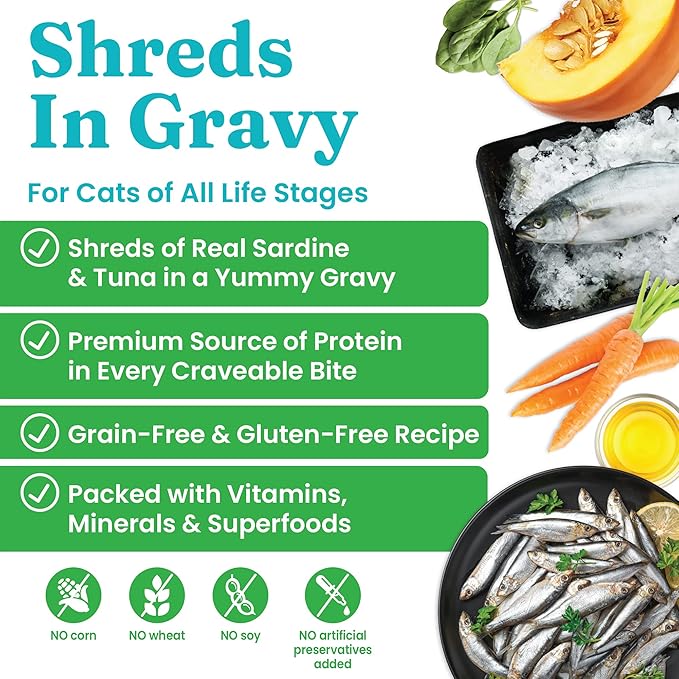 Solid Gold Wet Cat Food Shreds in Gravy - Canned Cat Food Made w/Real Tuna & Sardine - Five Oceans Grain Free 16ct/6oz Can