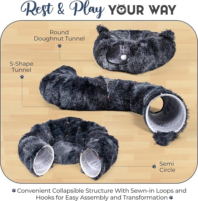 Cat Tunnel Bed with 8 Cat Spring Toys - Furry Cat Tunnel Bed, Kitty Ears Design, Large Cat Donut Tunnel, Cat Bed for Indoor Cats, Cat Tunnel Cave - Great Indoor cat Toy